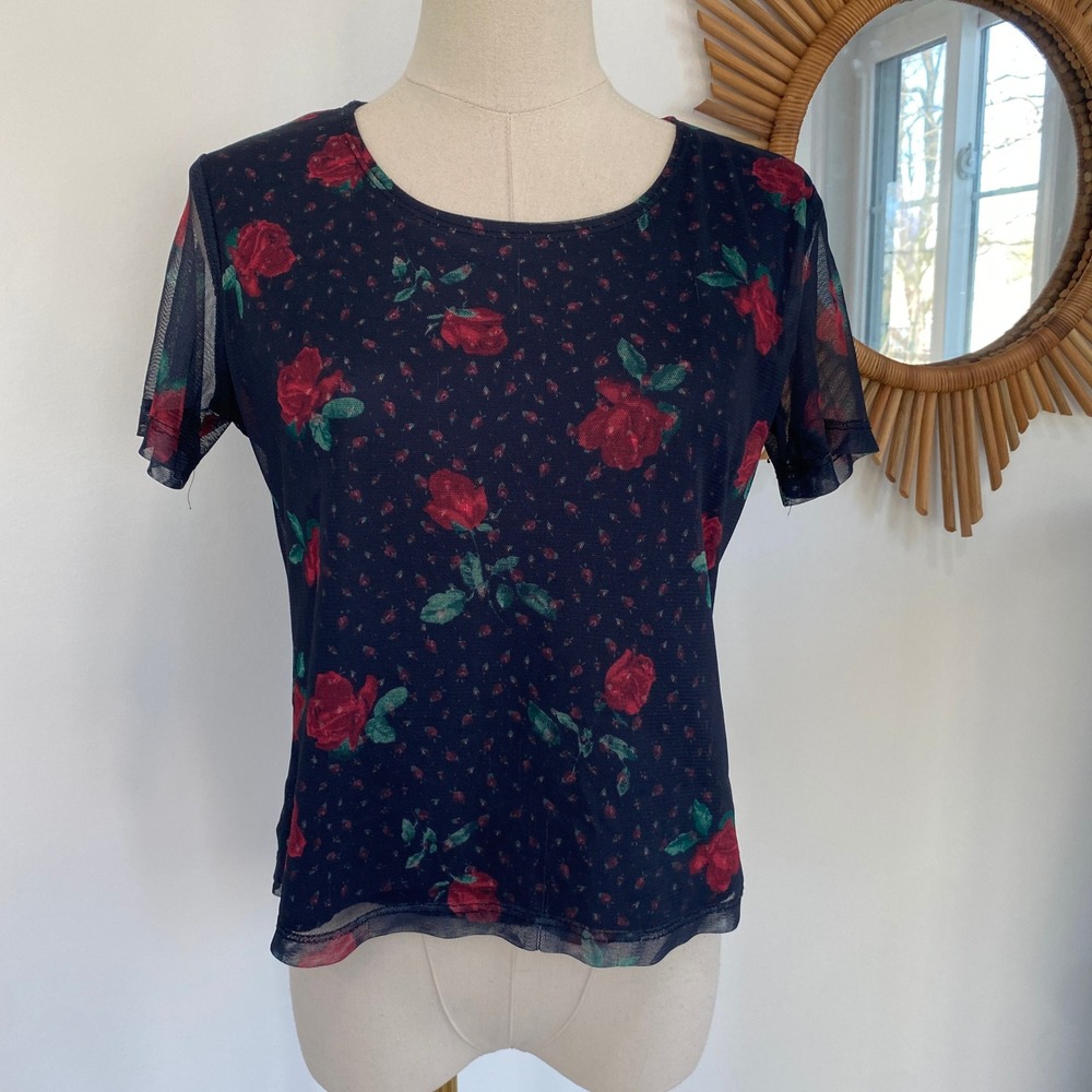 Vintage Y2K Notations Mesh Rose Print Layered Baby Tee Top S Grunge